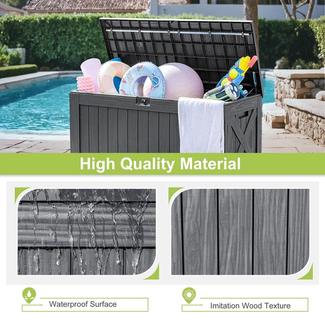 Alt view image 3 of 7 - 120 Gallon Deck Box, Resin Outdoor Storage Container, Gray | for Patio Furniture, Garden Tools, Pool Accessories, Weatherproof, Lockable