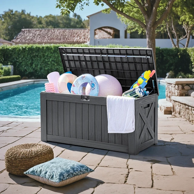 Alt view image 5 of 7 - 120 Gallon Deck Box, Resin Outdoor Storage Container, Gray | for Patio Furniture, Garden Tools, Pool Accessories, Weatherproof, Lockable