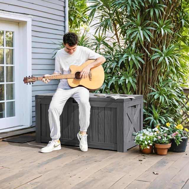 Alt view image 6 of 7 - 120 Gallon Deck Box, Resin Outdoor Storage Container, Gray | for Patio Furniture, Garden Tools, Pool Accessories, Weatherproof, Lockable