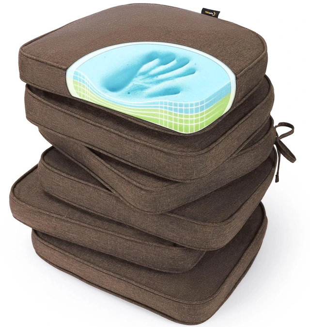 Main image of Gel Memory Foam Chair Cushions, FadeShield Water-, Stain-Resistant Durable Reversible Seat Cushion Pads with Ties for Indoor/Outdoor Kitchen Dining Office 17"x16" Set of 6, Heather Chestnut