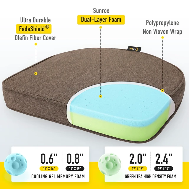 Alt view image 2 of 5 - Gel Memory Foam Chair Cushions, FadeShield Water-, Stain-Resistant Durable Reversible Seat Cushion Pads with Ties for Indoor/Outdoor Kitchen Dining Office 17"x16" Set of 6, Heather Chestnut