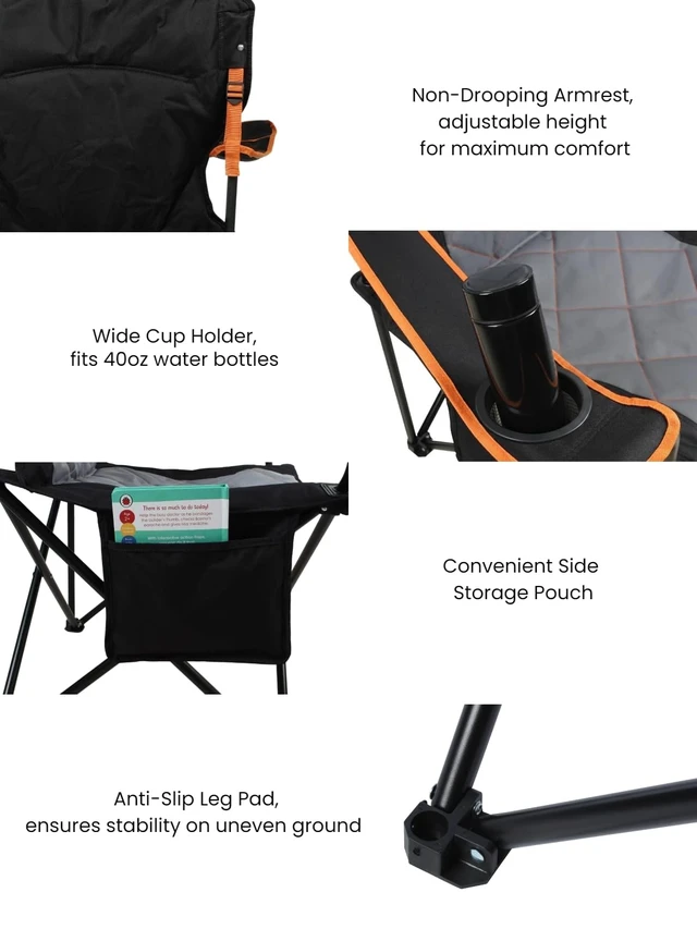 Alt view image 4 of 6 - 2-Pack Padded Oversized Camping Chairs with Lumbar Support | Diamond-Quilted, Heavy Duty, No-Slip Adjustable Armrests, Convenient Storage, Tear-Proof Wide Bag, Up to 350 LBS for Outdoor