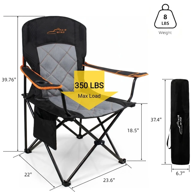 Alt view image 3 of 6 - 2-Pack Padded Oversized Camping Chairs with Lumbar Support | Diamond-Quilted, Heavy Duty, No-Slip Adjustable Armrests, Convenient Storage, Tear-Proof Wide Bag, Up to 350 LBS for Outdoor