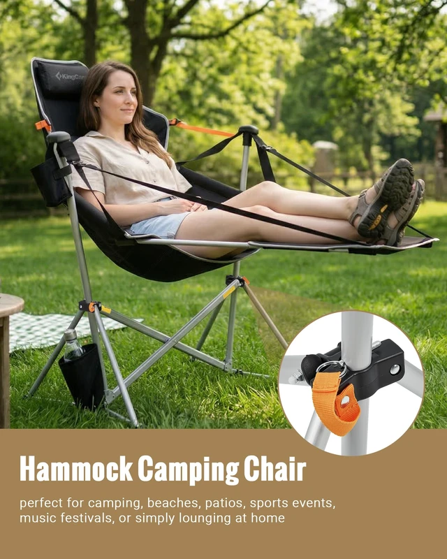 Alt view image 2 of 7 - Hammock Chair with Footrest, Heavy Duty Swinging Chairs 400lbs | Folding Hammock Camping Chair, Oversized Rocking Chair with Cup Holder, Portable Camp Chairs for Outdoor Beach Lawn RV Sports