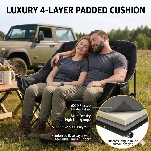 Alt view image 4 of 7 - Oversized Fully Padded Camping Double Chair Folding Loveseat | Heavy Duty Wide Couch,4-Layer Cushioned Fabric,Large Cup,Tear-Proof Wide Bag ,Up to 650 LBS for Camp,Lawn,Outdoor