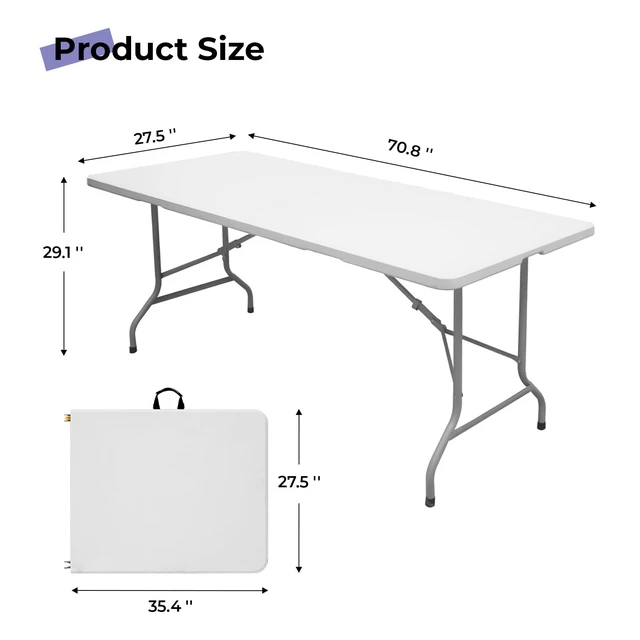 Alt view image 2 of 7 - Folding Table 6ft, Heavy Duty Plastic Fold-in-Half Utility Table, White | 6 Foot Portable Table,HDPE Top,Carry Handle,Sturdy Steel Legs,Indoor Outdoor for Parties,Camping,Dining,Supports 330 lbs