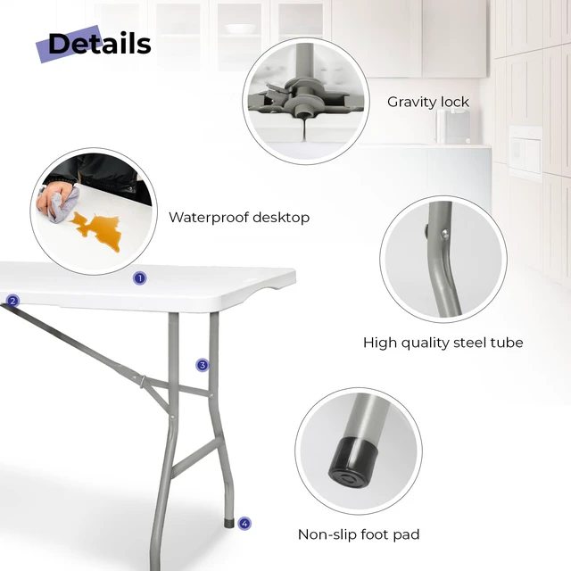 Alt view image 3 of 7 - Folding Table 6ft, Heavy Duty Plastic Fold-in-Half Utility Table, White | 6 Foot Portable Table,HDPE Top,Carry Handle,Sturdy Steel Legs,Indoor Outdoor for Parties,Camping,Dining,Supports 330 lbs