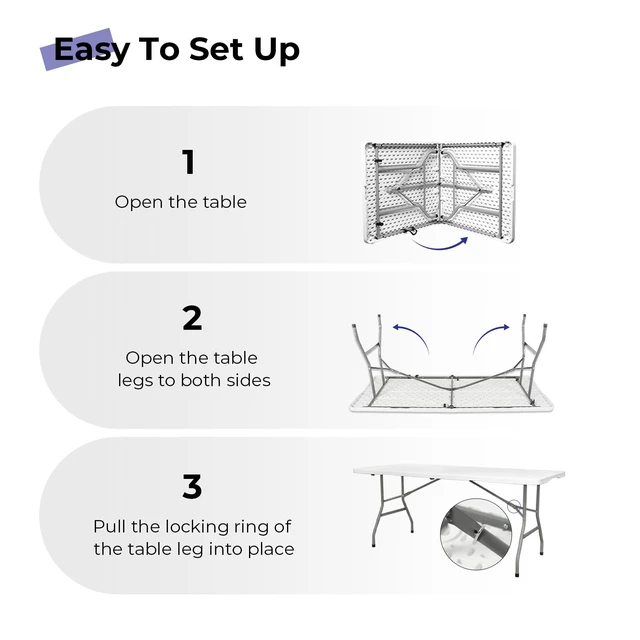 Alt view image 7 of 7 - Folding Table 6ft, Heavy Duty Plastic Fold-in-Half Utility Table, White | 6 Foot Portable Table,HDPE Top,Carry Handle,Sturdy Steel Legs,Indoor Outdoor for Parties,Camping,Dining,Supports 330 lbs