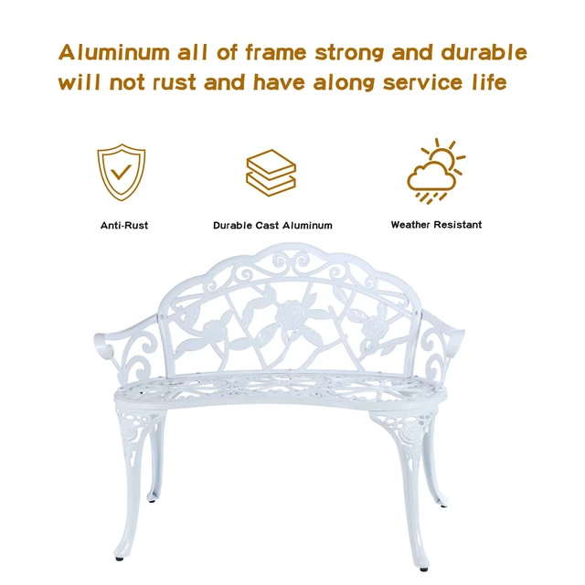 Alt view image 2 of 4 - Patio Garden Bench Metal Park Bench Cast Aluminum Outdoor Furniture with Floral Rose for Patio,Park,Lawn,Yard (White)