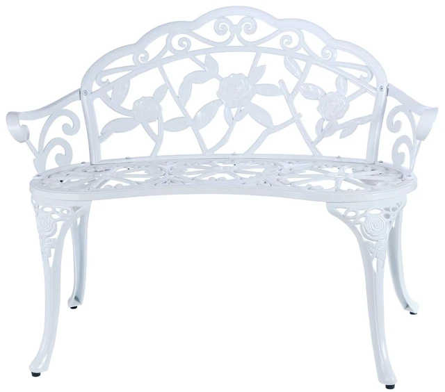 Main image of Patio Garden Bench Metal Park Bench Cast Aluminum Outdoor Furniture with Floral Rose for Patio,Park,Lawn,Yard (White)