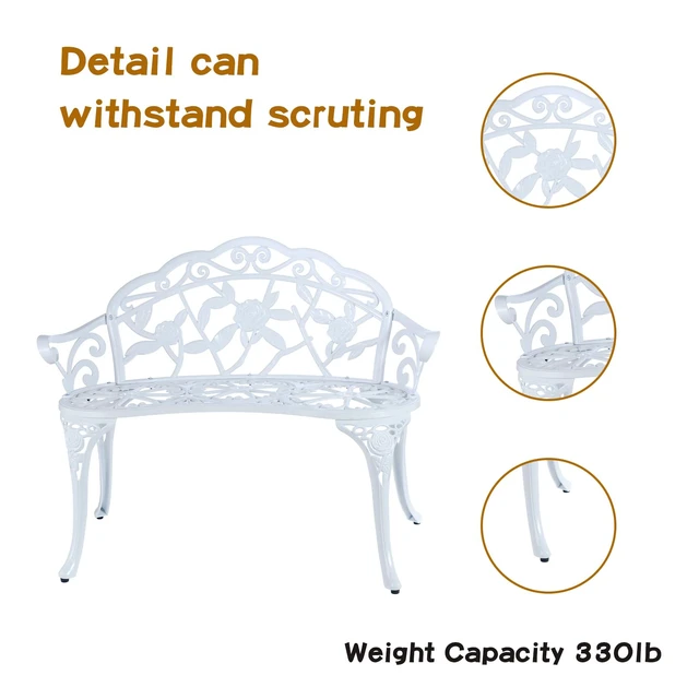Alt view image 3 of 4 - Patio Garden Bench Metal Park Bench Cast Aluminum Outdoor Furniture with Floral Rose for Patio,Park,Lawn,Yard (White)