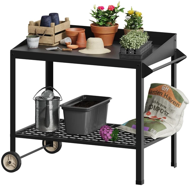 Main image of Metal Potting Bench on Wheels Heavy Duty Weatherproof Work Station | All-weather metal bench. 300 lbs capacity. 35" height . Raised edges. Easy assembly. For garden, BBQ, kitchen.