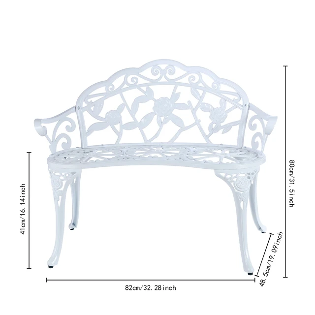 Alt view image 4 of 4 - Patio Garden Bench Metal Park Bench Cast Aluminum Outdoor Furniture with Floral Rose for Patio,Park,Lawn,Yard (White)
