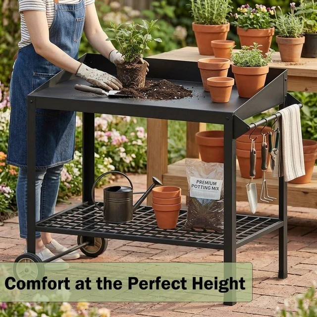 Alt view image 2 of 7 - Metal Potting Bench on Wheels Heavy Duty Weatherproof Work Station | All-weather metal bench. 300 lbs capacity. 35" height . Raised edges. Easy assembly. For garden, BBQ, kitchen.