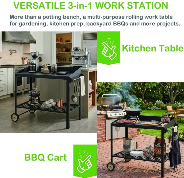 Alt view image 3 of 7 - Metal Potting Bench on Wheels Heavy Duty Weatherproof Work Station | All-weather metal bench. 300 lbs capacity. 35" height . Raised edges. Easy assembly. For garden, BBQ, kitchen.