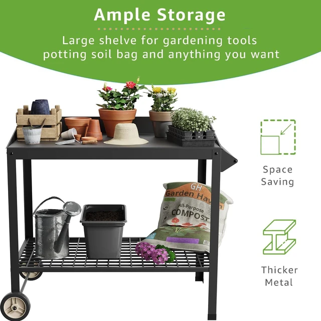 Alt view image 5 of 7 - Metal Potting Bench on Wheels Heavy Duty Weatherproof Work Station | All-weather metal bench. 300 lbs capacity. 35" height . Raised edges. Easy assembly. For garden, BBQ, kitchen.