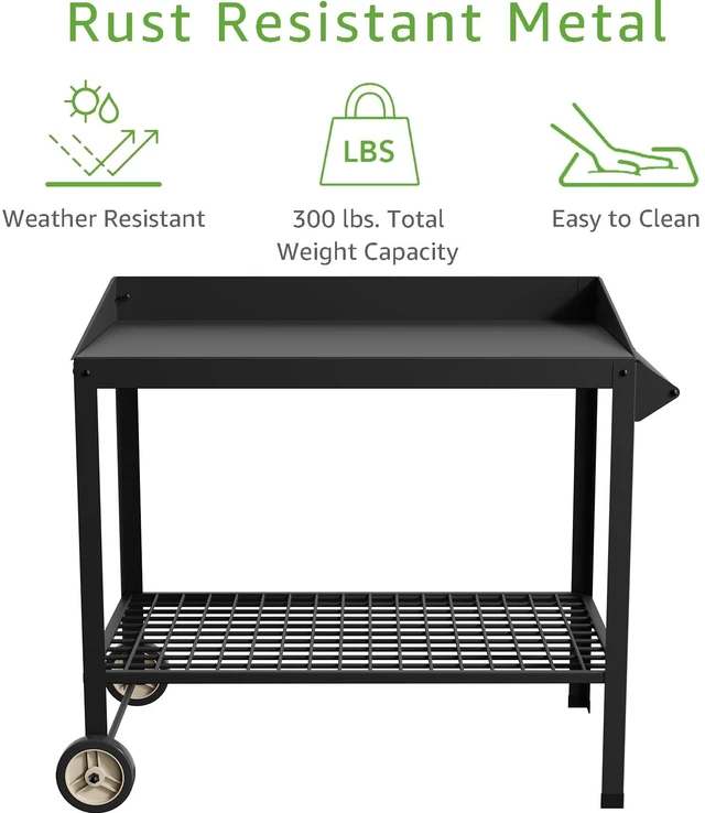 Alt view image 6 of 7 - Metal Potting Bench on Wheels Heavy Duty Weatherproof Work Station | All-weather metal bench. 300 lbs capacity. 35" height . Raised edges. Easy assembly. For garden, BBQ, kitchen.