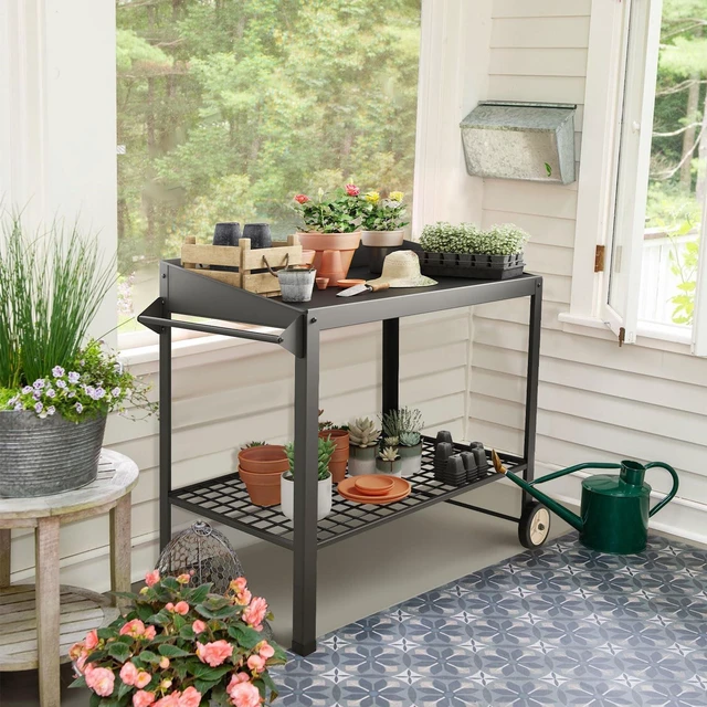 Alt view image 7 of 7 - Metal Potting Bench on Wheels Heavy Duty Weatherproof Work Station | All-weather metal bench. 300 lbs capacity. 35" height . Raised edges. Easy assembly. For garden, BBQ, kitchen.