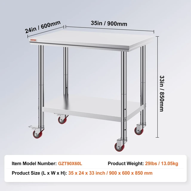 Alt view image 7 of 7 - Mophorn Stainless Steel Work Table 36x24 Inch with 4 Wheels, Casters Heavy Duty Food Prep Worktable for Commercial Kitchen Restaurant, Silver