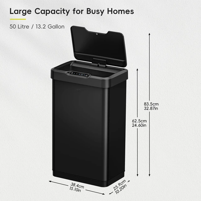 Alt view image 2 of 7 - Mirage-T 50 Liter / 13.2 Gallon Touchless Rectangular Motion Sensor Trash Can or Recycling Bin, Brushed Stainless Steel Finish (Matte Black)
