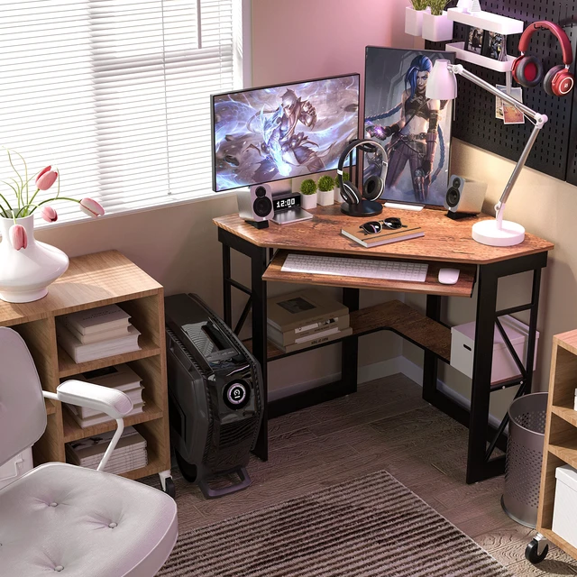 Alt view image 2 of 7 - Corner Desk Computer Desk Writing Table with Smooth Keyboard Tray & Storage Shelves,Compact Home Office Triangle Table,Antique Brown