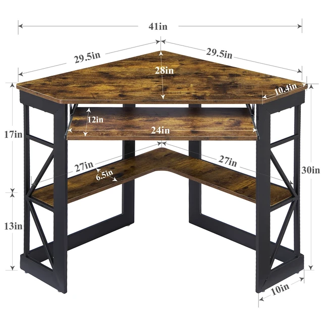 Alt view image 7 of 7 - Corner Desk Computer Desk Writing Table with Smooth Keyboard Tray & Storage Shelves,Compact Home Office Triangle Table,Antique Brown