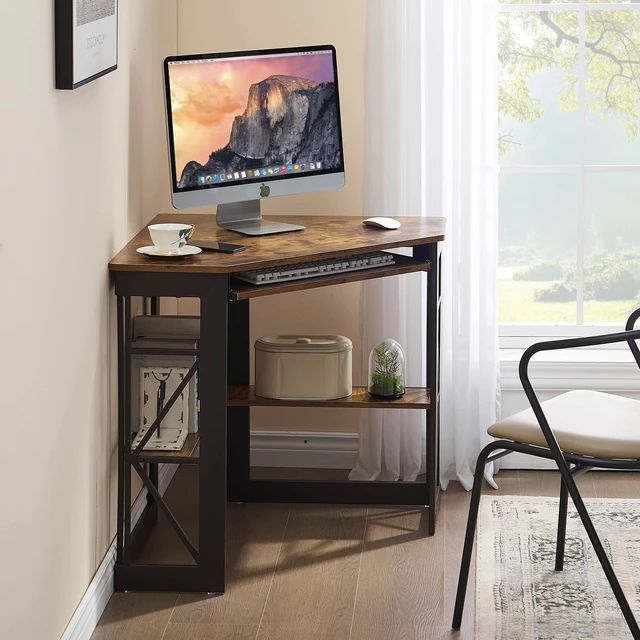 Alt view image 4 of 7 - Corner Desk Computer Desk Writing Table with Smooth Keyboard Tray & Storage Shelves,Compact Home Office Triangle Table,Antique Brown