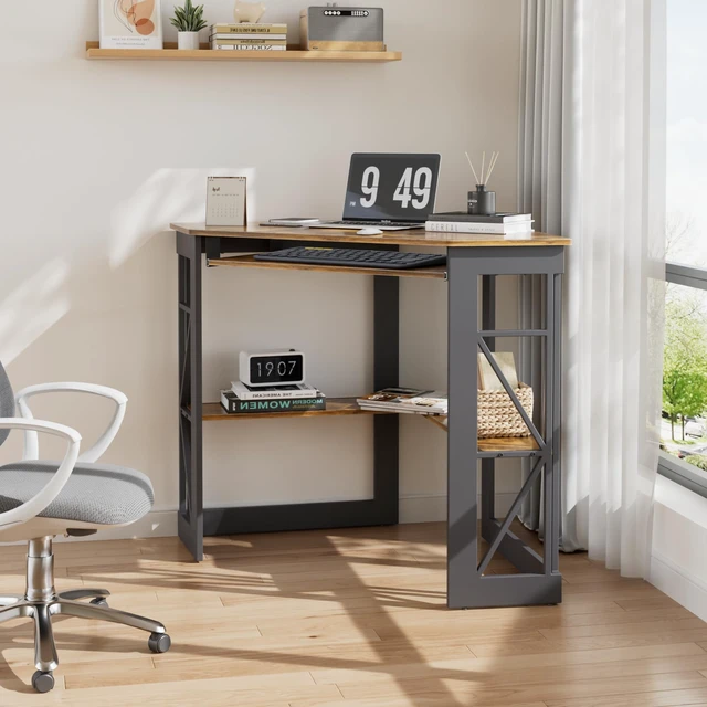 Alt view image 3 of 7 - Corner Desk Computer Desk Writing Table with Smooth Keyboard Tray & Storage Shelves,Compact Home Office Triangle Table,Antique Brown