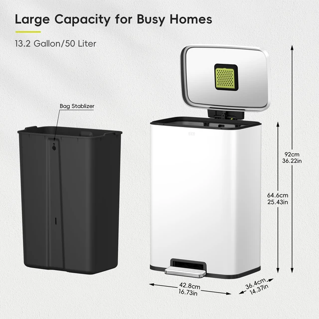 Alt view image 2 of 7 - Madison Matte White Stainless Steel 13.2 Gal/50L Kitchen Step Trash Can or Recycling Bin, Removable Inner Liner, Soft Close Lid, Fingerprint Resistant Finish