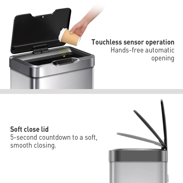 Alt view image 3 of 7 - Mirage-T 50 Liter / 13.2 Gallon Touchless Rectangular Motion Sensor Trash Can or Recycling Bin, Brushed Stainless Steel Finish
