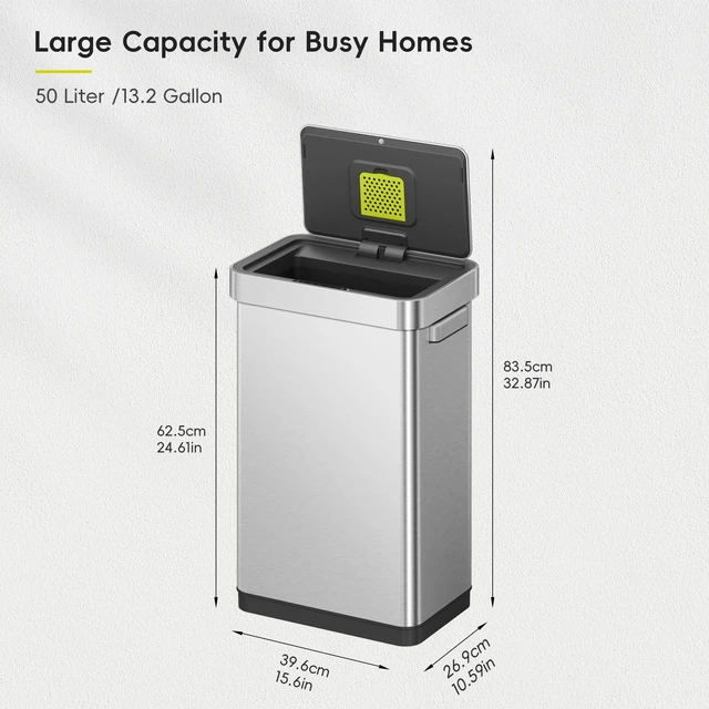 Alt view image 2 of 7 - Deluxe Mirage-T 50 Liter / 13.2 Gallon Touchless Rectangular Motion Sensor Trash Can or Recycling Bin, Matte Stainless Steel Finish