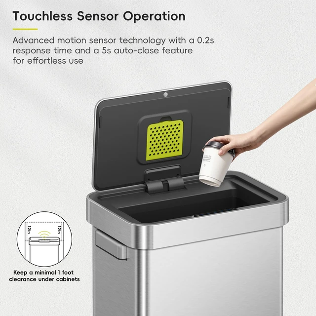 Alt view image 4 of 7 - Deluxe Mirage-T 50 Liter / 13.2 Gallon Touchless Rectangular Motion Sensor Trash Can or Recycling Bin, Matte Stainless Steel Finish