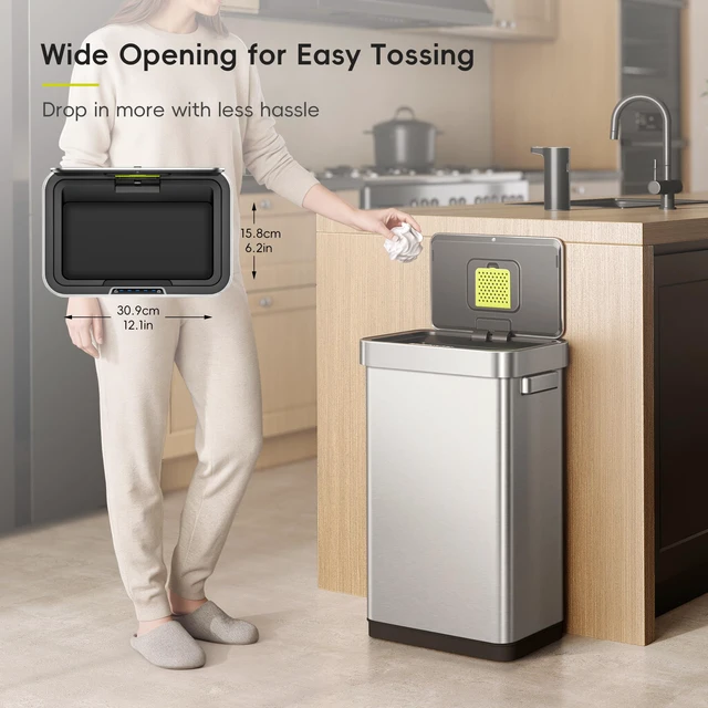 Alt view image 3 of 7 - Deluxe Mirage-T 50 Liter / 13.2 Gallon Touchless Rectangular Motion Sensor Trash Can or Recycling Bin, Matte Stainless Steel Finish