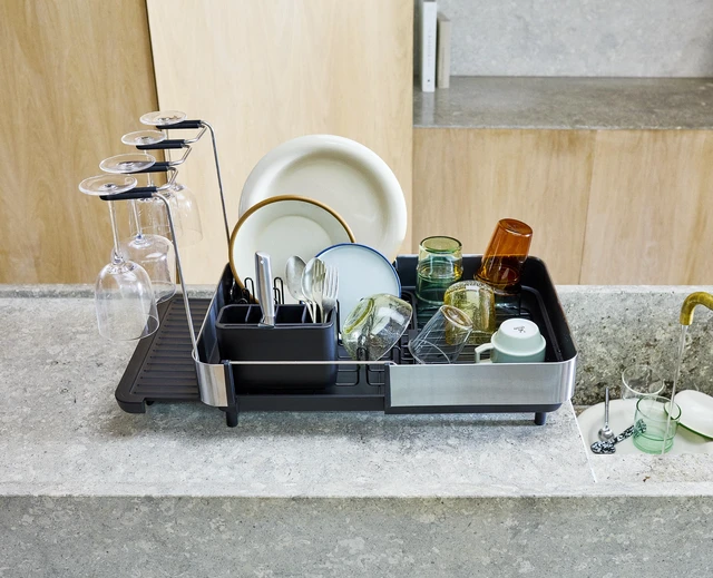 Alt view image 3 of 7 - Extend Steel Plus Extendable Dish Rack Steel, Small to Large Dish Drainer with Wine Glass Holder & Drain Spout, Black