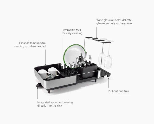 Alt view image 5 of 7 - Extend Steel Plus Extendable Dish Rack Steel, Small to Large Dish Drainer with Wine Glass Holder & Drain Spout, Black