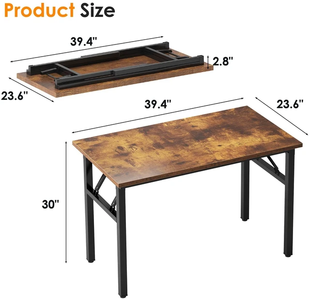 Alt view image 3 of 7 - Small Folding Computer Desk, 39.4 Inch Writing Table, Rustic Brown | No-Assembly, Sturdy Foldable Desk for Home Office, Bedroom, Dorm Room, Student Study, Collapsible, Compact, Easy Storage