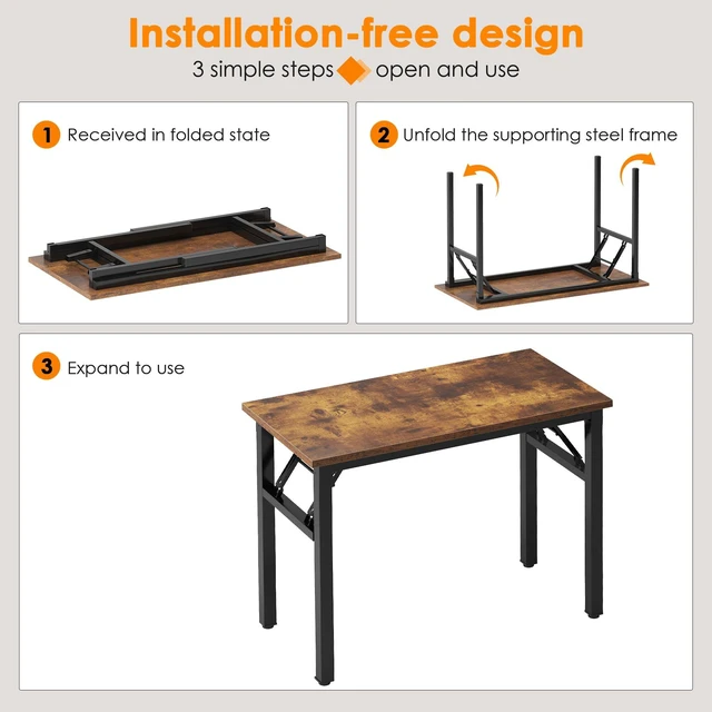 Alt view image 4 of 7 - Small Folding Computer Desk, 39.4 Inch Writing Table, Rustic Brown | No-Assembly, Sturdy Foldable Desk for Home Office, Bedroom, Dorm Room, Student Study, Collapsible, Compact, Easy Storage
