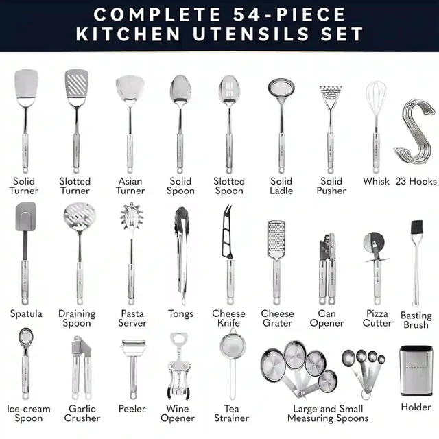 Alt view image 2 of 5 - 54-Piece Stainless Steel Kitchen Utensils Set - Heat-Resistant Nonstick Silicone & Stainless Steel Cooking Utensils - Complete Tools with Slotted Spoon & Pasta Spoon - Pack of 54, Silver