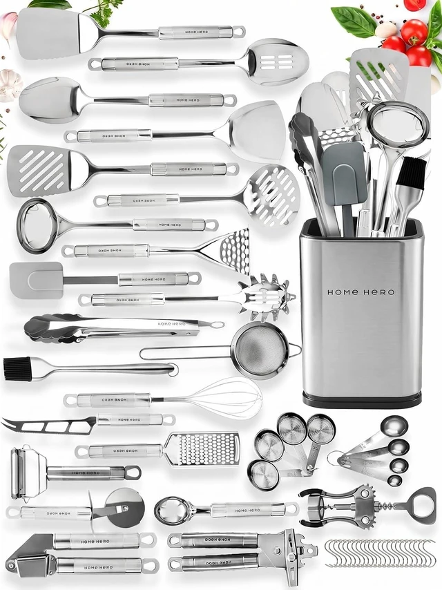 Main image of 54-Piece Stainless Steel Kitchen Utensils Set - Heat-Resistant Nonstick Silicone & Stainless Steel Cooking Utensils - Complete Tools with Slotted Spoon & Pasta Spoon - Pack of 54, Silver