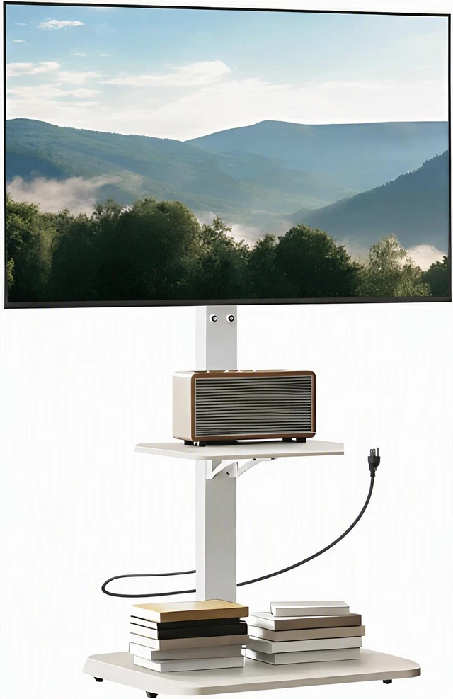 Main image of Floor TV Stand with Power Outlet for 3275 inch TVs up to 110 lbs 12 height settings, swivel +/-35°, tilt up 8°, adjustable shelf, wood base, cable management, max VESA 600x400mm, white