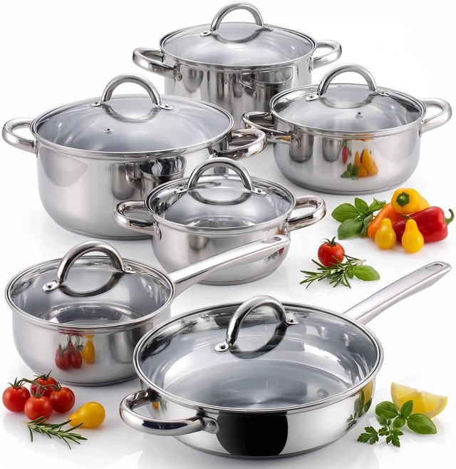 Main image of Kitchen Cookware Sets, 12-Piece Basic Stainless Steel Pots and Pans, Silver