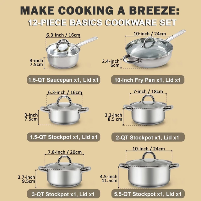 Alt view image 2 of 7 - Kitchen Cookware Sets, 12-Piece Basic Stainless Steel Pots and Pans, Silver