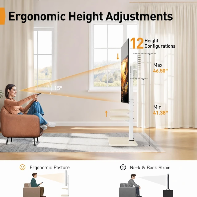 Alt view image 5 of 7 - Floor TV Stand with Power Outlet for 3275 inch TVs up to 110 lbs 12 height settings, swivel +/-35°, tilt up 8°, adjustable shelf, wood base, cable management, max VESA 600x400mm, white