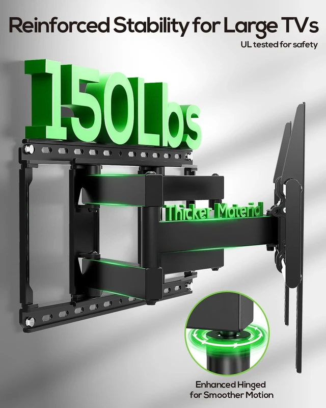 Alt view image 2 of 7 - Full Motion TV Wall Mount for Large TVs 42-97 Inch up to 150 lbs | Swivel/tilt/extend Wall Mount TV Bracket. ±4° post-install leveling. Pre-assembled Fits 16/18/24" studs, VESA 600x400mm.