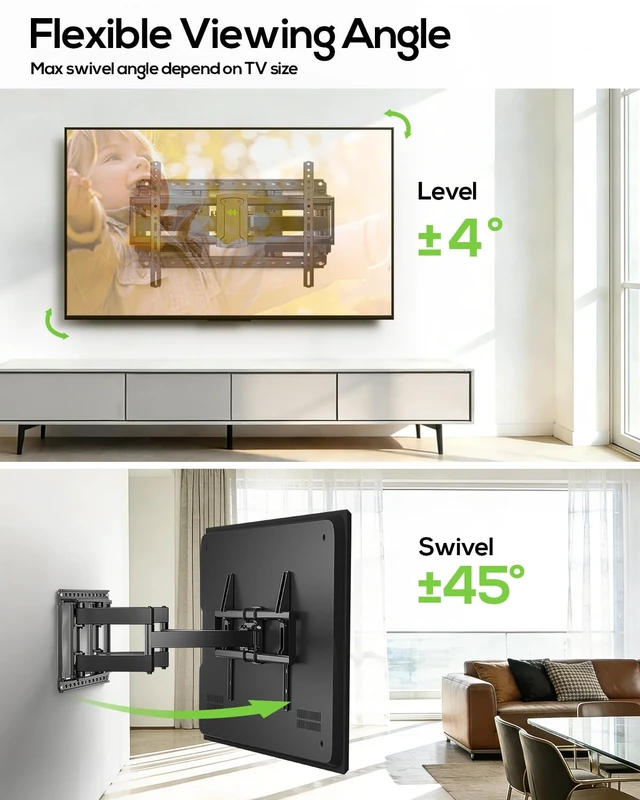 Alt view image 4 of 7 - Full Motion TV Wall Mount for Large TVs 42-97 Inch up to 150 lbs | Swivel/tilt/extend Wall Mount TV Bracket. ±4° post-install leveling. Pre-assembled Fits 16/18/24" studs, VESA 600x400mm.