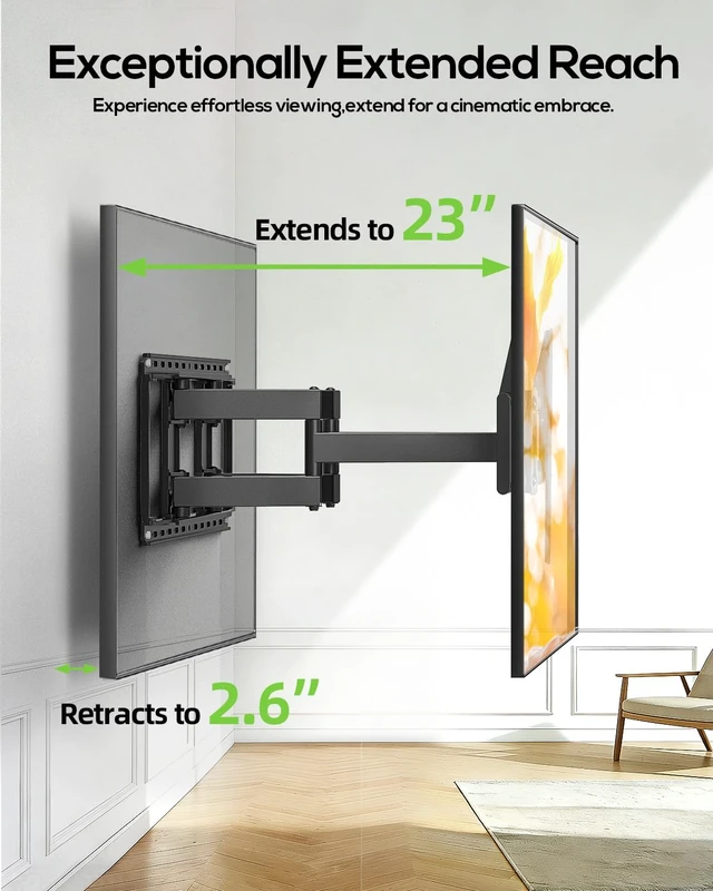 Alt view image 5 of 7 - Full Motion TV Wall Mount for Large TVs 42-97 Inch up to 150 lbs | Swivel/tilt/extend Wall Mount TV Bracket. ±4° post-install leveling. Pre-assembled Fits 16/18/24" studs, VESA 600x400mm.