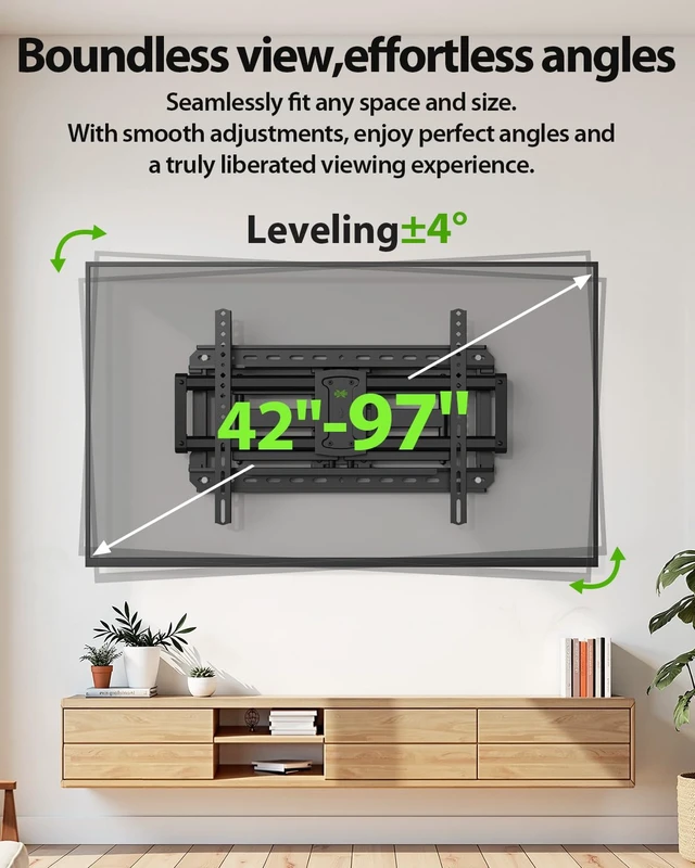 Alt view image 6 of 7 - Full Motion TV Wall Mount for Large TVs 42-97 Inch up to 150 lbs | Swivel/tilt/extend Wall Mount TV Bracket. ±4° post-install leveling. Pre-assembled Fits 16/18/24" studs, VESA 600x400mm.