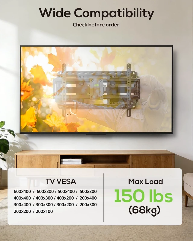 Alt view image 3 of 7 - Full Motion TV Wall Mount for Large TVs 42-97 Inch up to 150 lbs | Swivel/tilt/extend Wall Mount TV Bracket. ±4° post-install leveling. Pre-assembled Fits 16/18/24" studs, VESA 600x400mm.