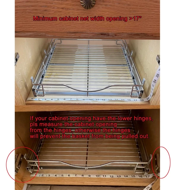 Alt view image 3 of 7 - Pull Out Cabinet Organizer, (17" W x 21" D) Heavy-Duty Metal Sliding Drawer Shelf, Bathroom Under Sink Kitchen Cabinets Organizer and Storage Slide Out Shelves, Chrome, 1 Tier, 2 Pack