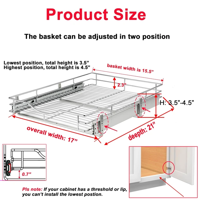 Alt view image 2 of 7 - Pull Out Cabinet Organizer, (17" W x 21" D) Heavy-Duty Metal Sliding Drawer Shelf, Bathroom Under Sink Kitchen Cabinets Organizer and Storage Slide Out Shelves, Chrome, 1 Tier, 2 Pack